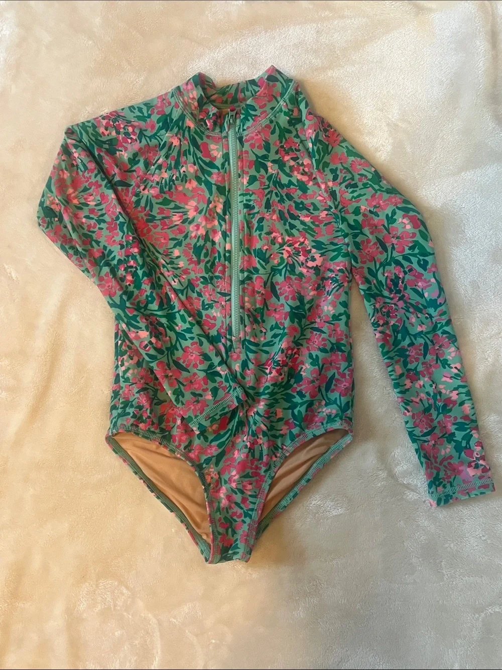 J. Crew Girls' Long-Sleeve Floral Zip One-Piece Swimsuit - Pink & Green